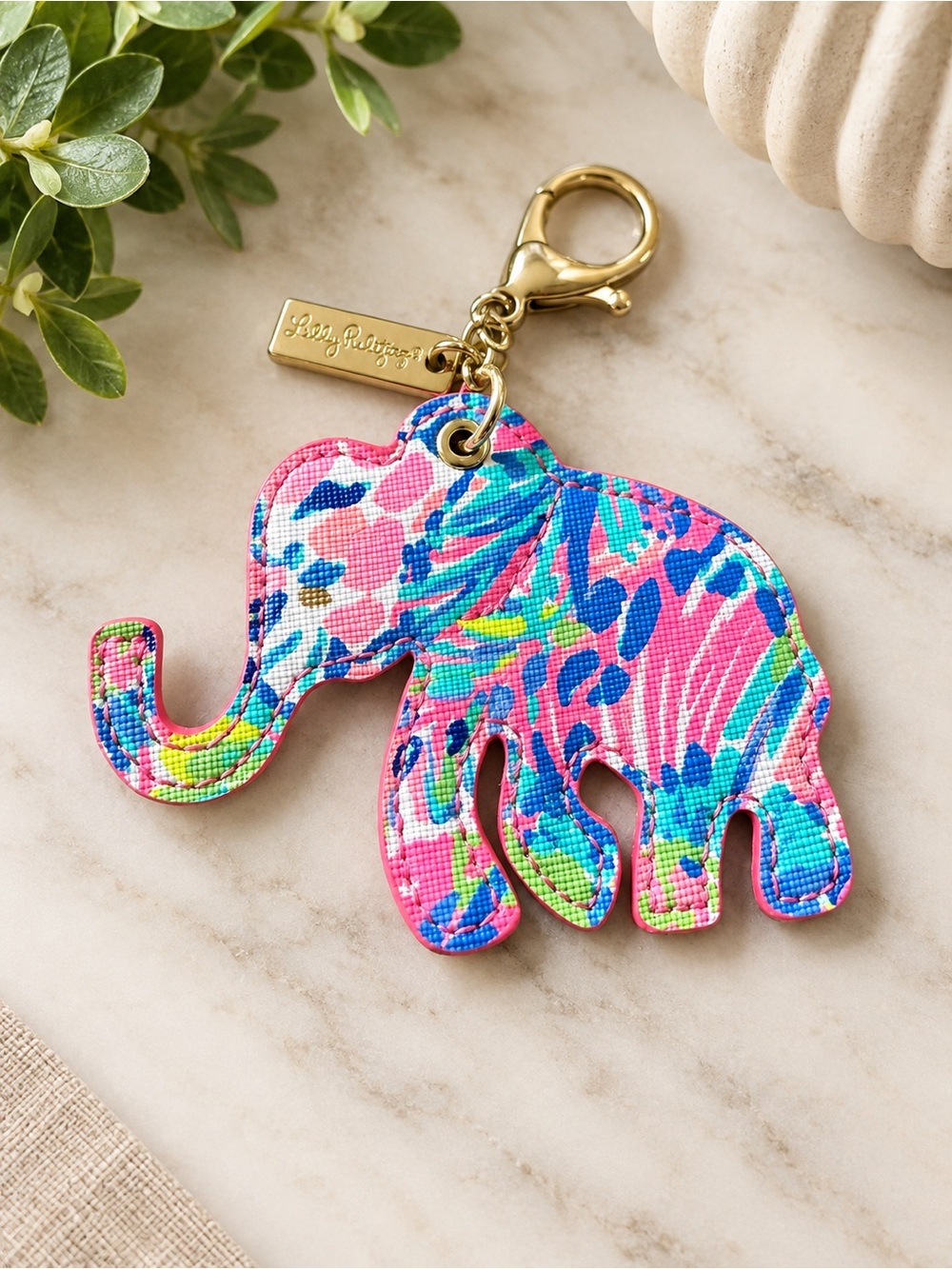 Lilly Pulitzer Pink Multicolor Elephant Keychain Bag Charm EUC
